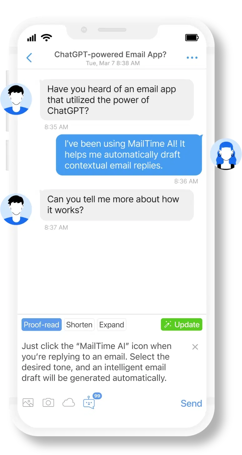 A image shows MailTime AI in an email chat on a phone.